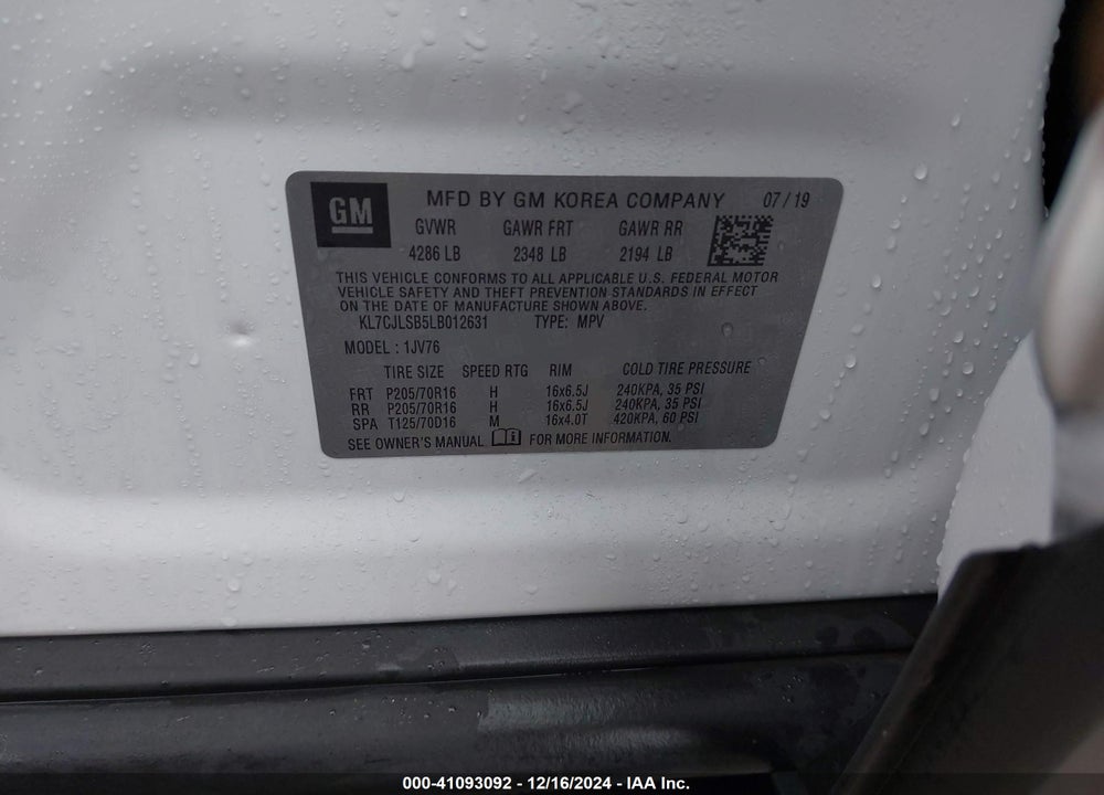 2020 CHEVROLET TRAX FWD LT VIN: KL7CJLSB5LB012631