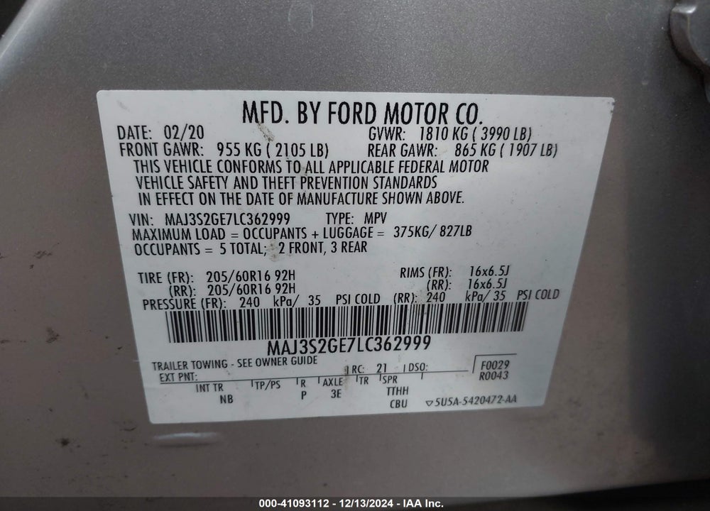 2020 FORD ECOSPORT SE VIN: MAJ3S2GE7LC362999
