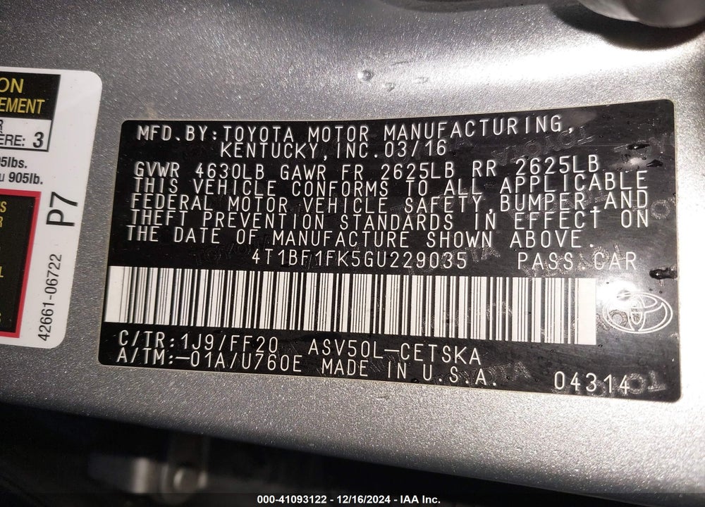 2016 TOYOTA CAMRY SE VIN: 4T1BF1FK5GU229035