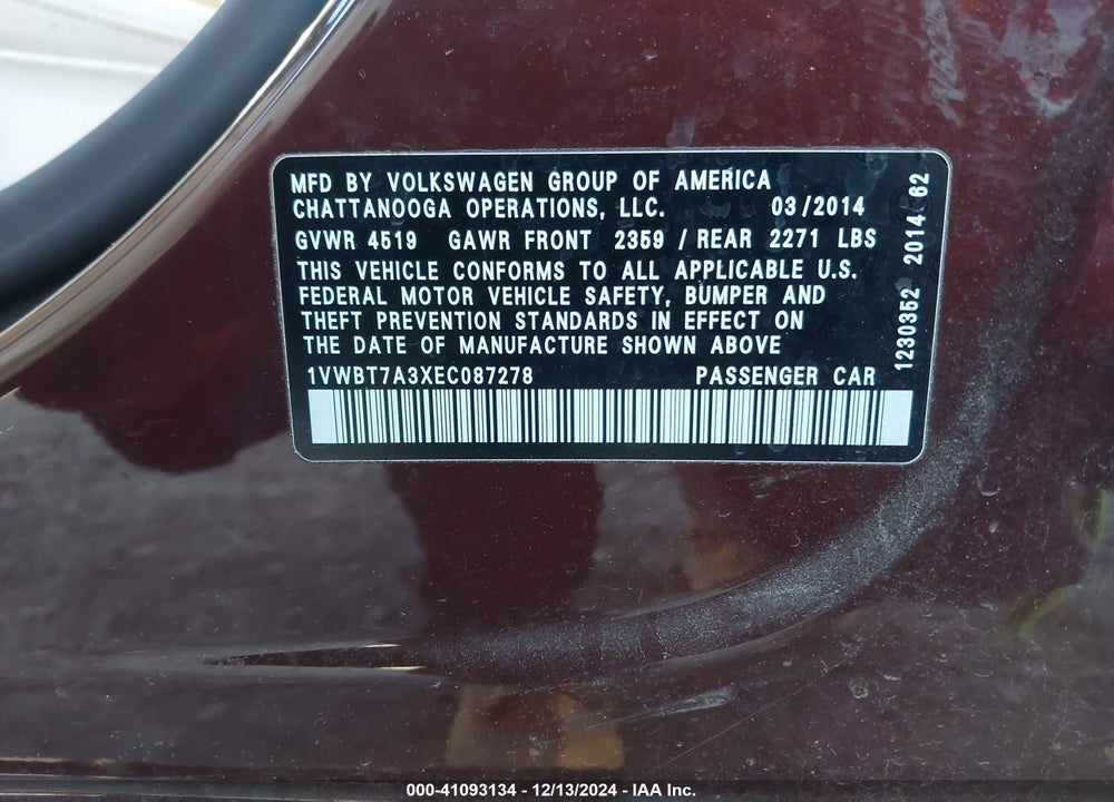 2014 VOLKSWAGEN PASSAT 1.8T SE VIN: 1VWBT7A3XEC087278