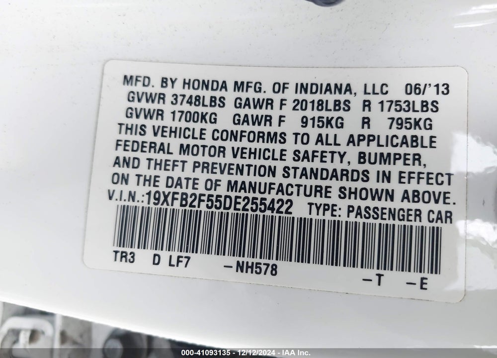 2013 HONDA CIVIC LX VIN: 19XFB2F55DE255422