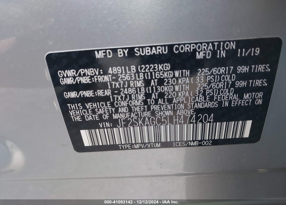 2020 SUBARU FORESTER PREMIUM VIN: JF2SKAGC5LH474204