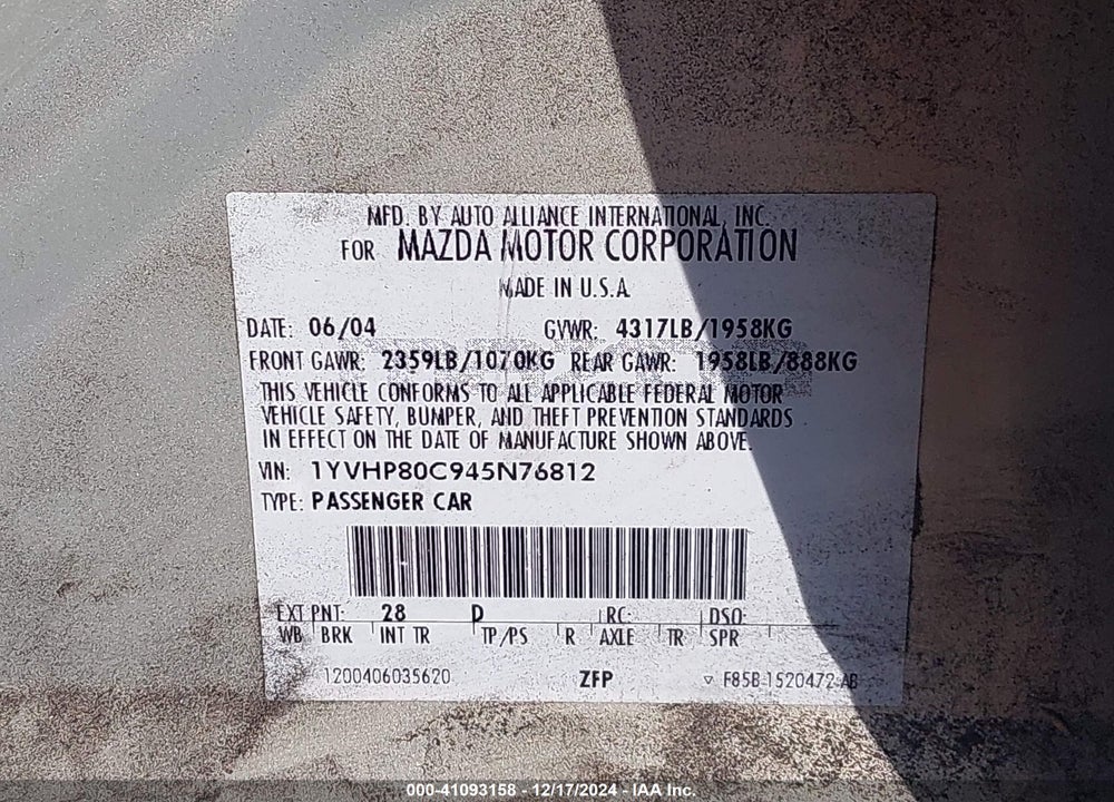 2004 MAZDA 6 I VIN: 1YVHP80C945N76812