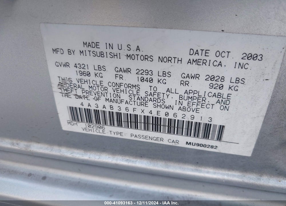 2004 MITSUBISHI GALANT ES VIN: 4A3AB36FX4E062913