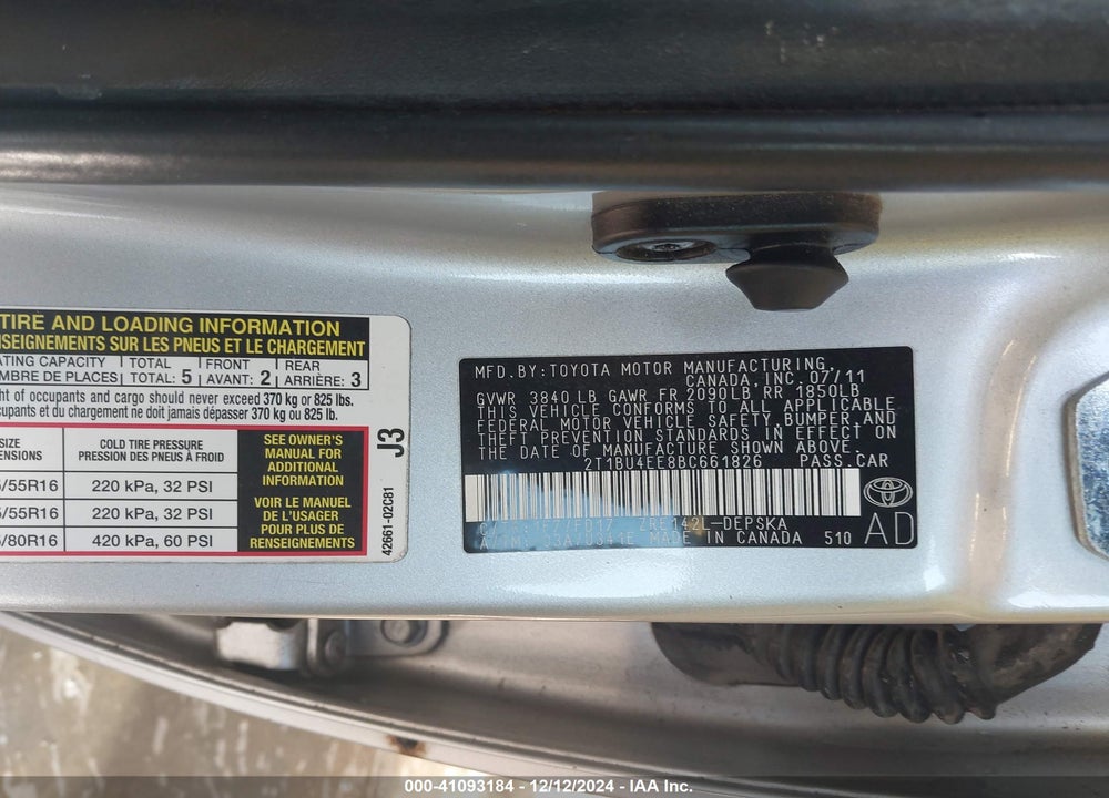 2011 TOYOTA COROLLA S VIN: 2T1BU4EE8BC661826
