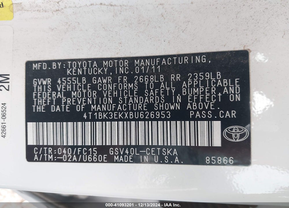 2011 TOYOTA CAMRY VIN: 4T1BK3EKXBU626953