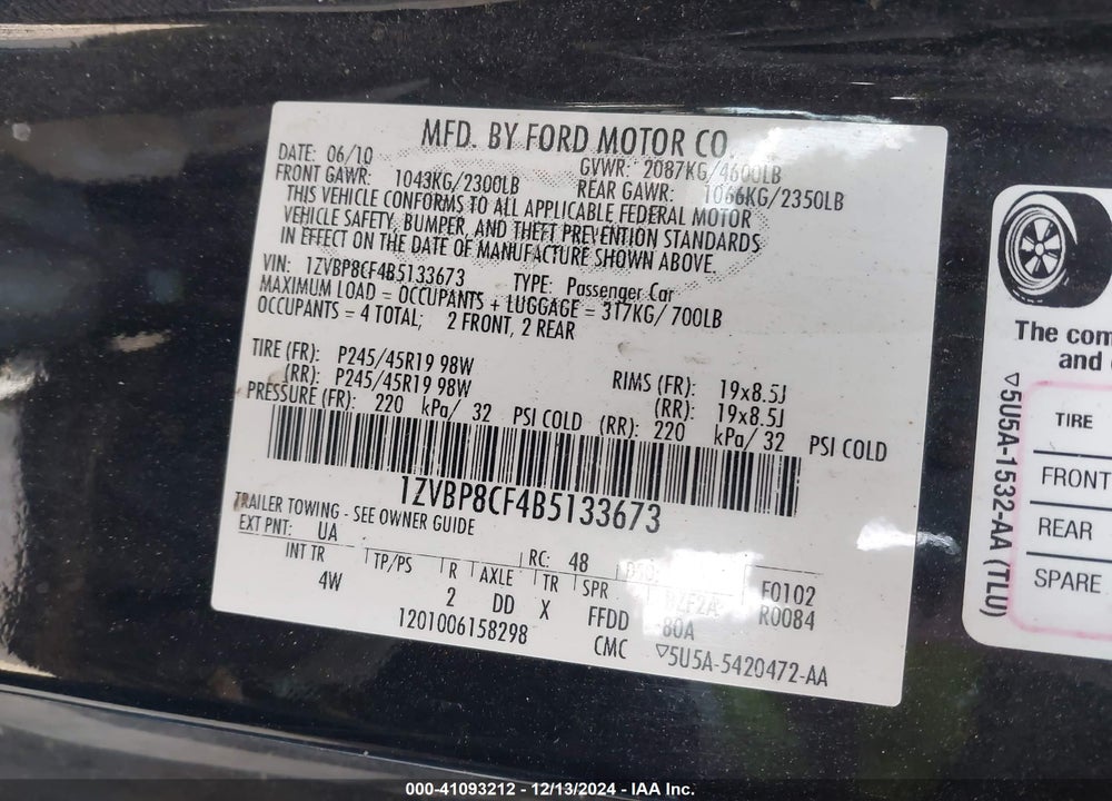 2011 FORD MUSTANG GT PREMIUM VIN: 1ZVBP8CF4B5133673