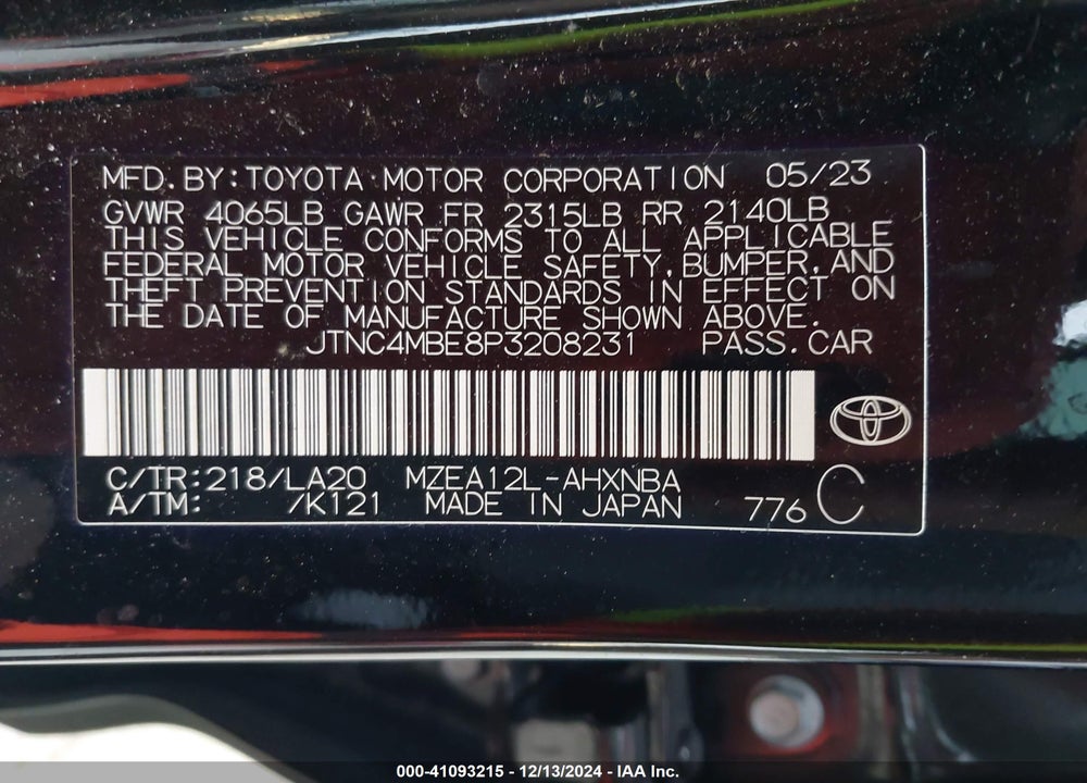 2023 TOYOTA COROLLA VIN: JTNC4MBE8P3208231