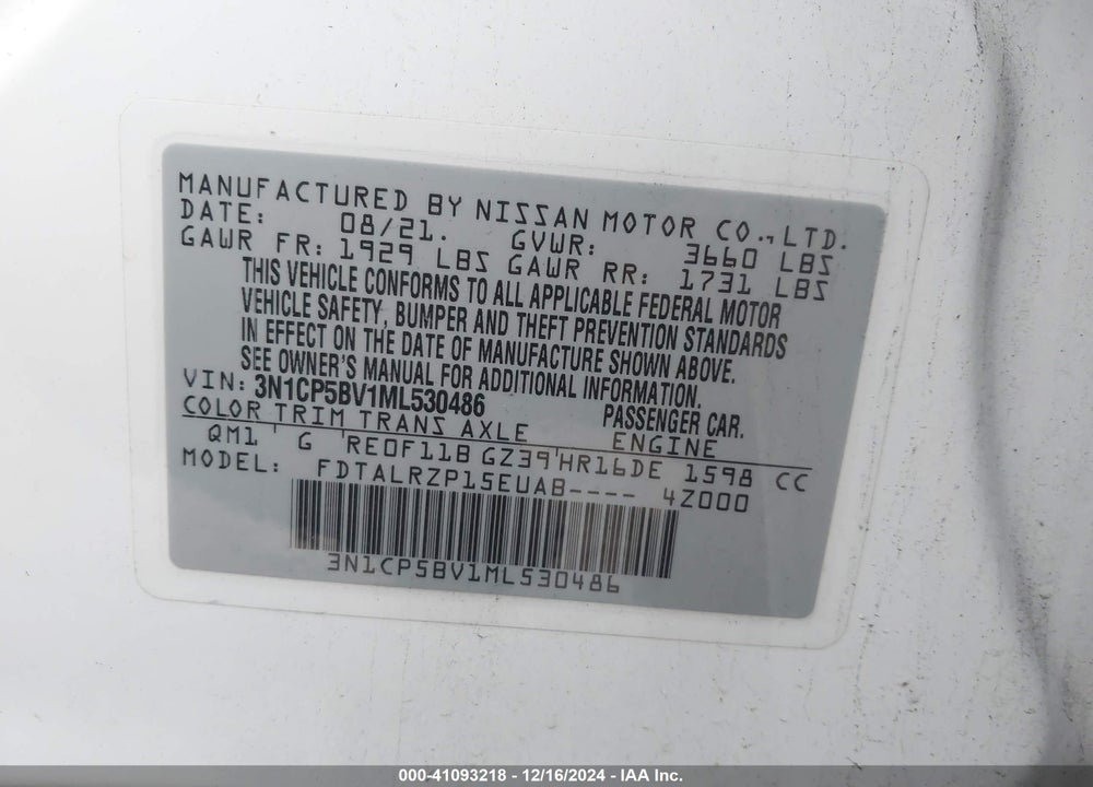 2021 NISSAN KICKS S XTRONIC CVT VIN: 3N1CP5BV1ML530486
