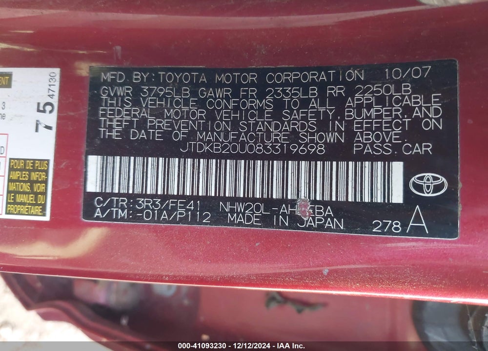 2008 TOYOTA PRIUS VIN: JTDKB20U083319698
