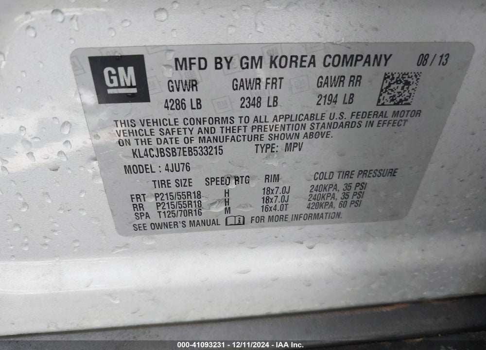 2014 BUICK ENCORE CONVENIENCE VIN: KL4CJBSB7EB533215