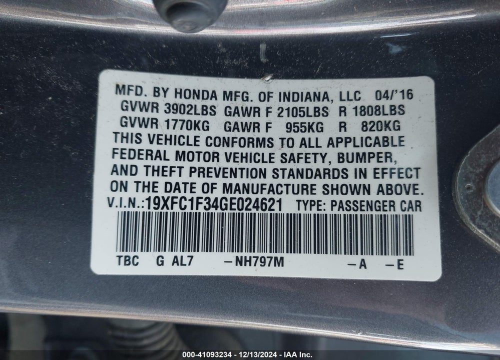 2016 HONDA CIVIC EX-T VIN: 19XFC1F34GE024621