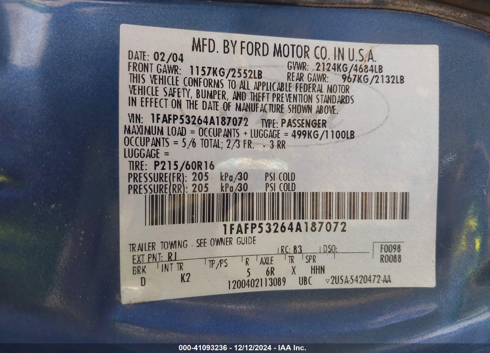 2004 FORD TAURUS SE VIN: 1FAFP53264A187072