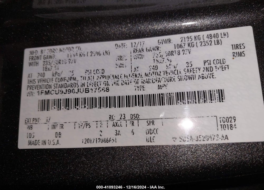 2018 FORD ESCAPE TITANIUM VIN: 1FMCU9J90JUB17568