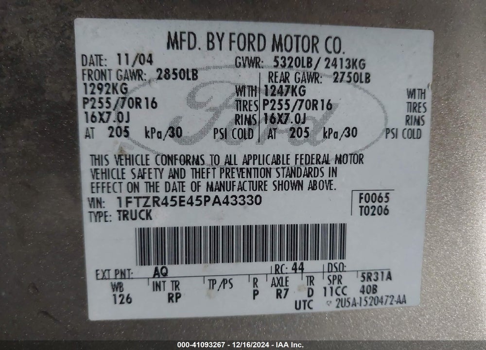 2005 FORD RANGER EDGE/FX4 LEVEL II/FX4 OFF-ROAD/XLT VIN: 1FTZR45E45PA43330