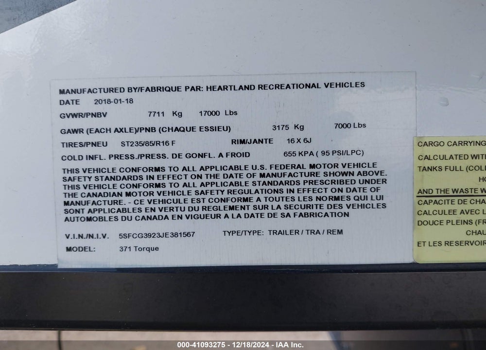 2018 HEARTLAND TORQUE M371 VIN: 5SFCG3923JE381567