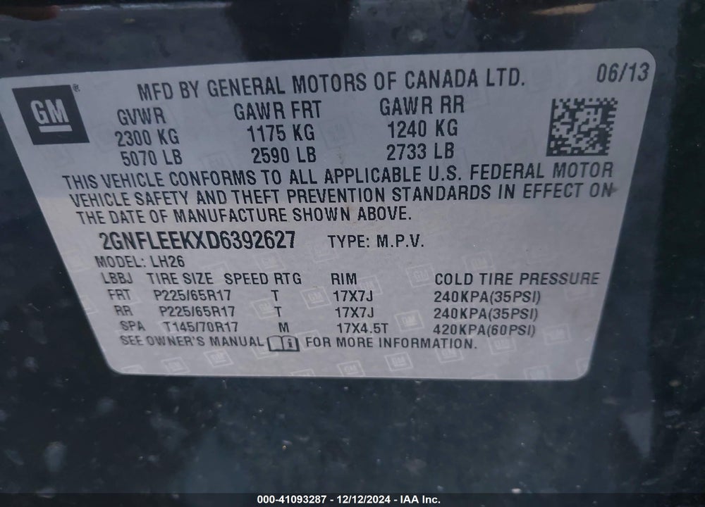 2013 CHEVROLET EQUINOX 1LT VIN: 2GNFLEEKXD6392627