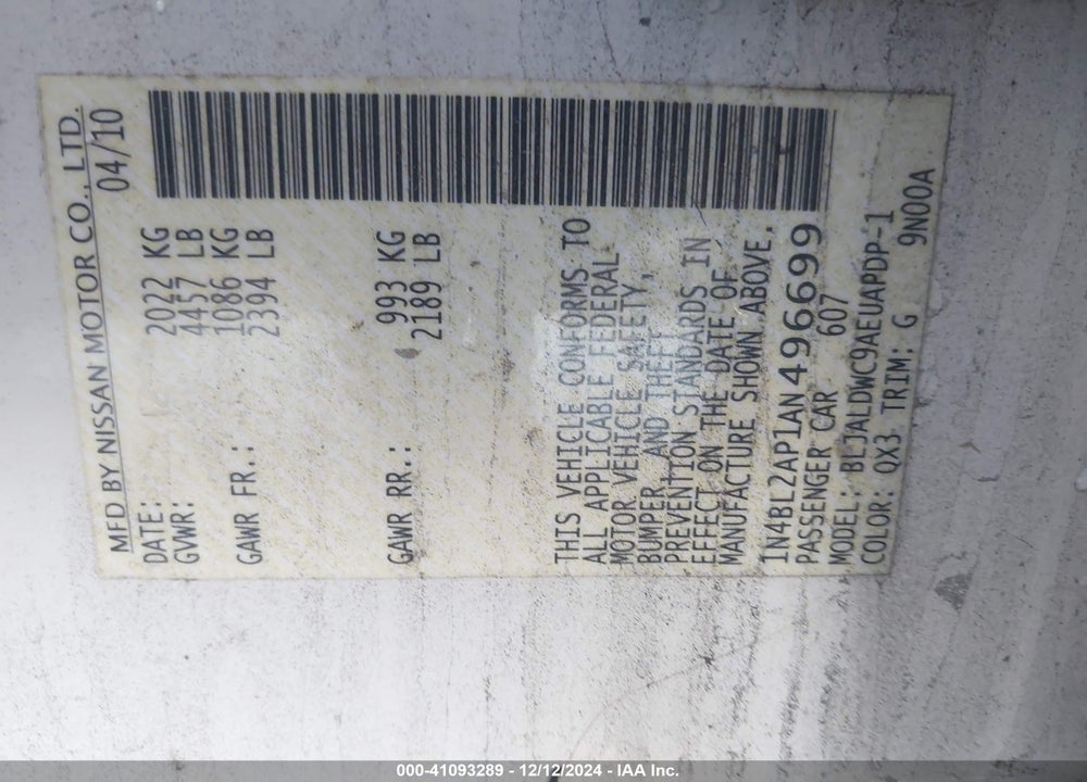2010 NISSAN ALTIMA 3.5 SR VIN: 1N4BL2AP1AN496699