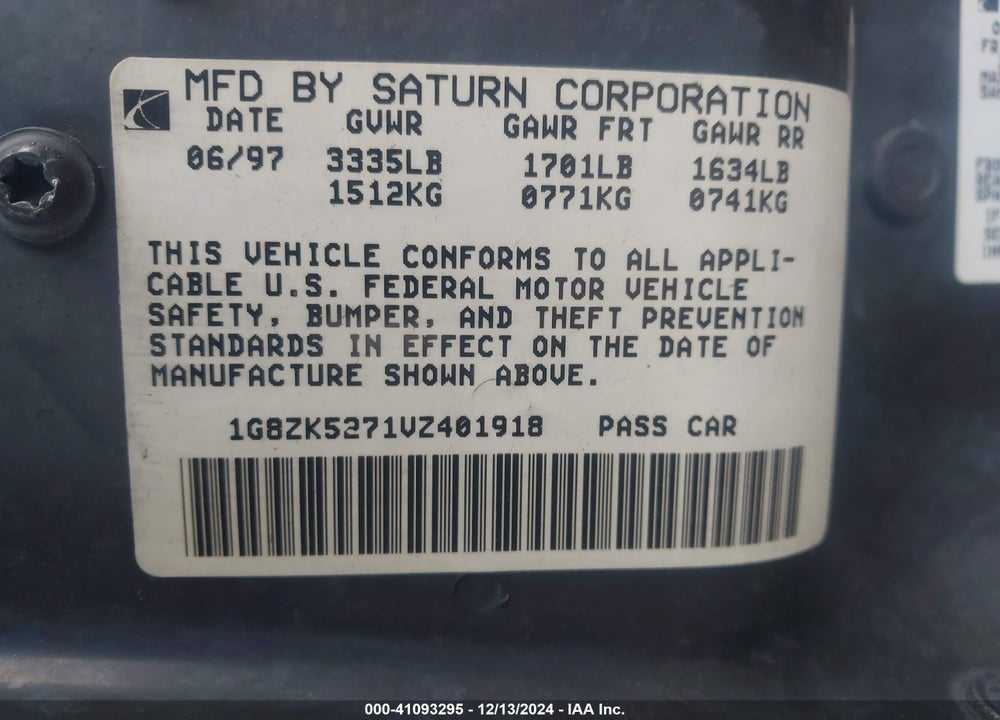 1997 SATURN SL SL2 VIN: 1G8ZK5271VZ401918