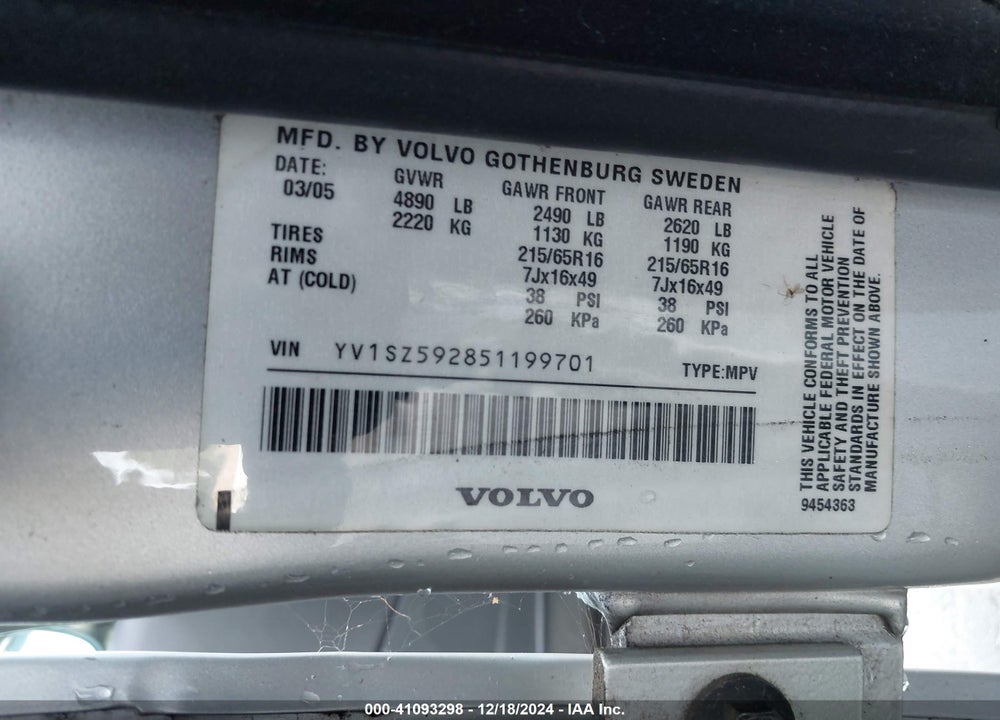 2005 VOLVO XC70 2.5T AWD VIN: YV1SZ592851199701