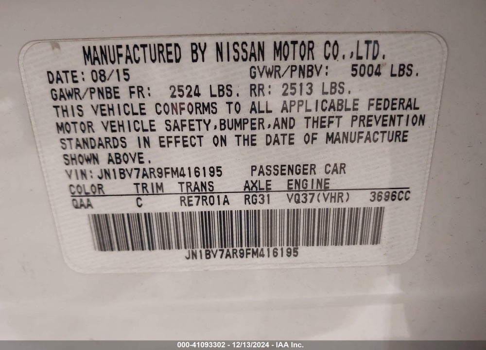 2015 INFINITI Q50 PREMIUM VIN: JN1BV7AR9FM416195