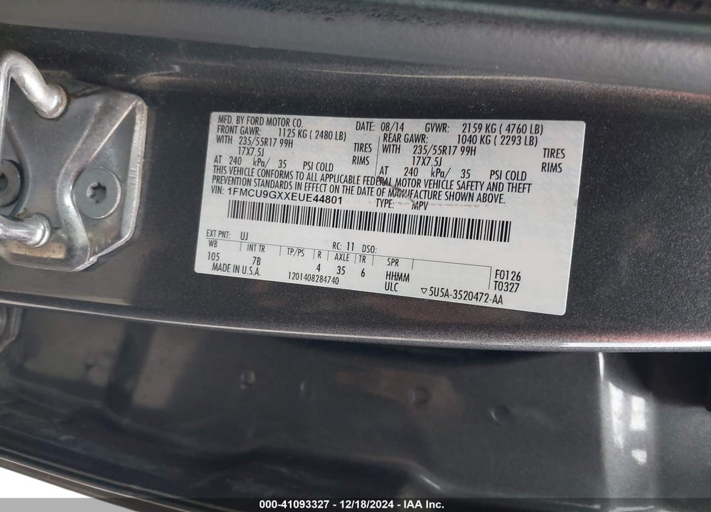 2014 FORD ESCAPE SE VIN: 1FMCU9GXXEUE44801