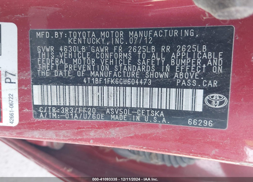 2012 TOYOTA CAMRY SE VIN: 4T1BF1FK6CU604473