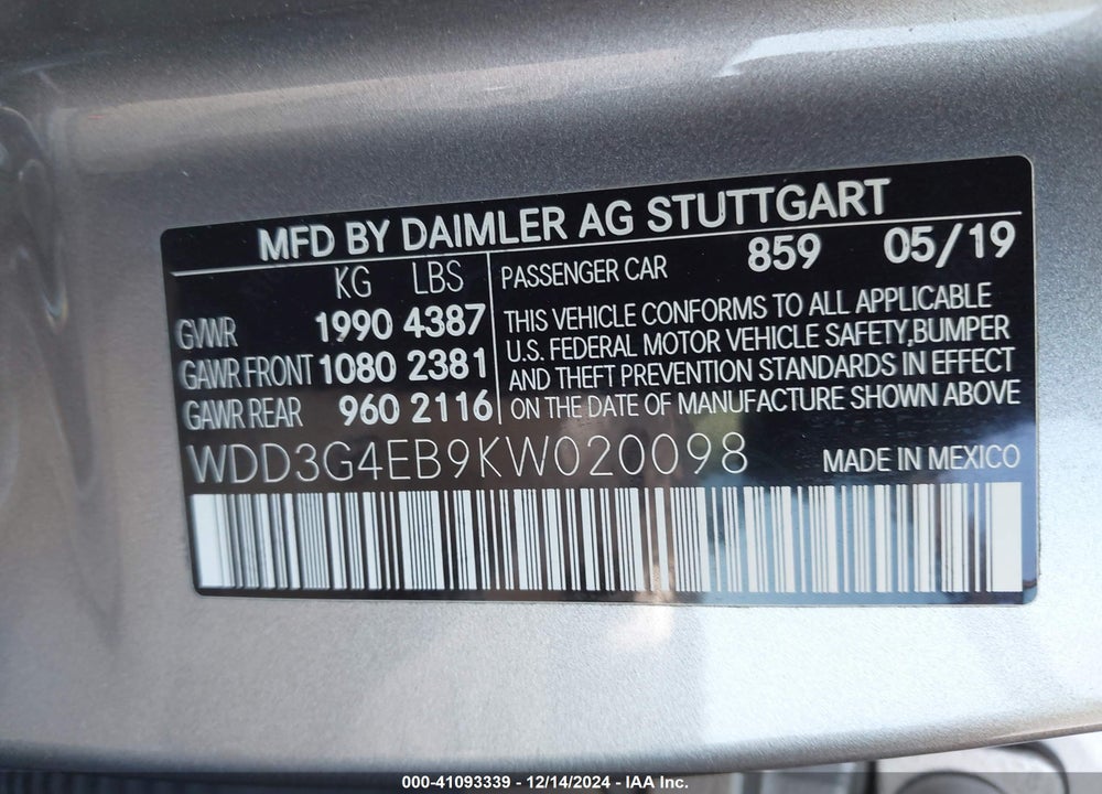 2019 MERCEDES-BENZ A 220 VIN: WDD3G4EB9KW020098