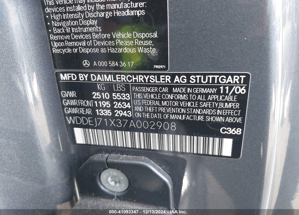 2007 MERCEDES-BENZ CL 550 VIN: WDDEJ71X37A002908
