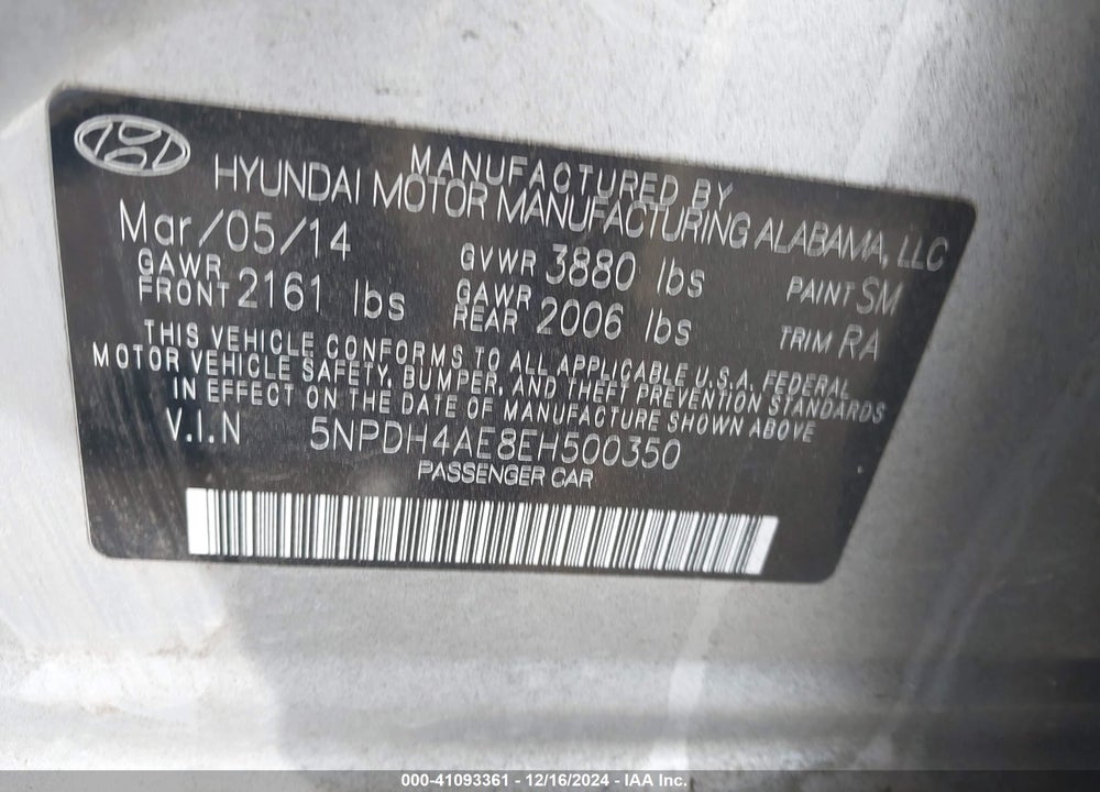 2014 HYUNDAI ELANTRA SE VIN: 5NPDH4AE8EH500350