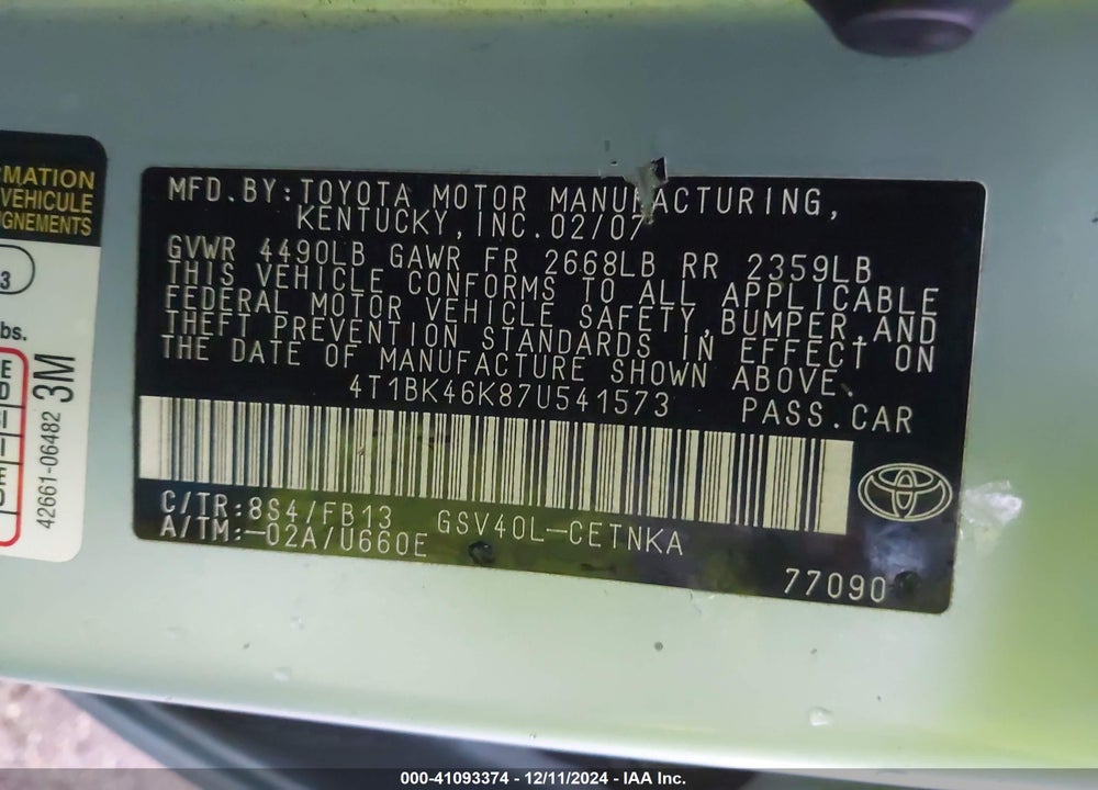 2007 TOYOTA CAMRY LE V6 VIN: 4T1BK46K87U541573