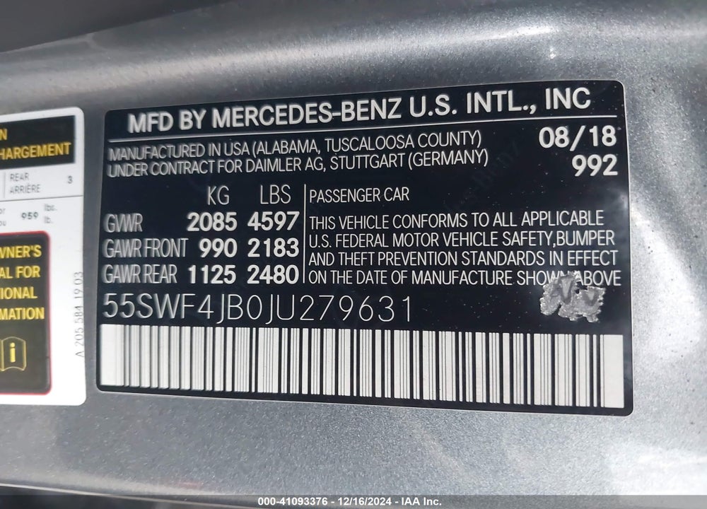 2018 MERCEDES-BENZ C VIN: 55SWF4JB0JU279631