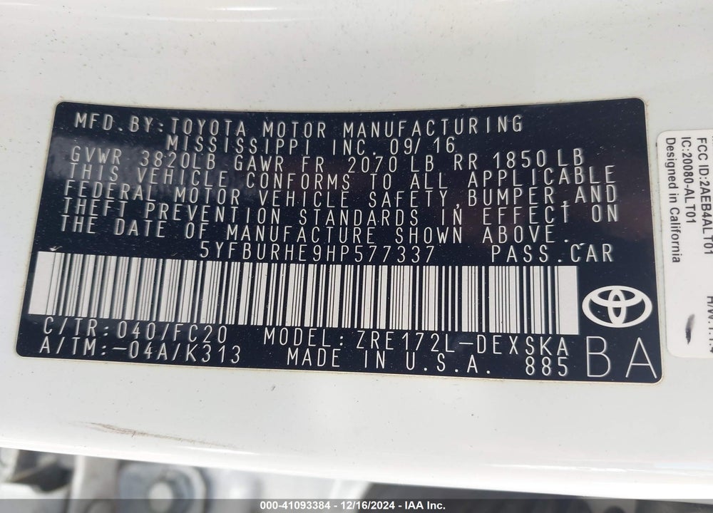 2017 TOYOTA COROLLA SE VIN: 5YFBURHE9HP577337