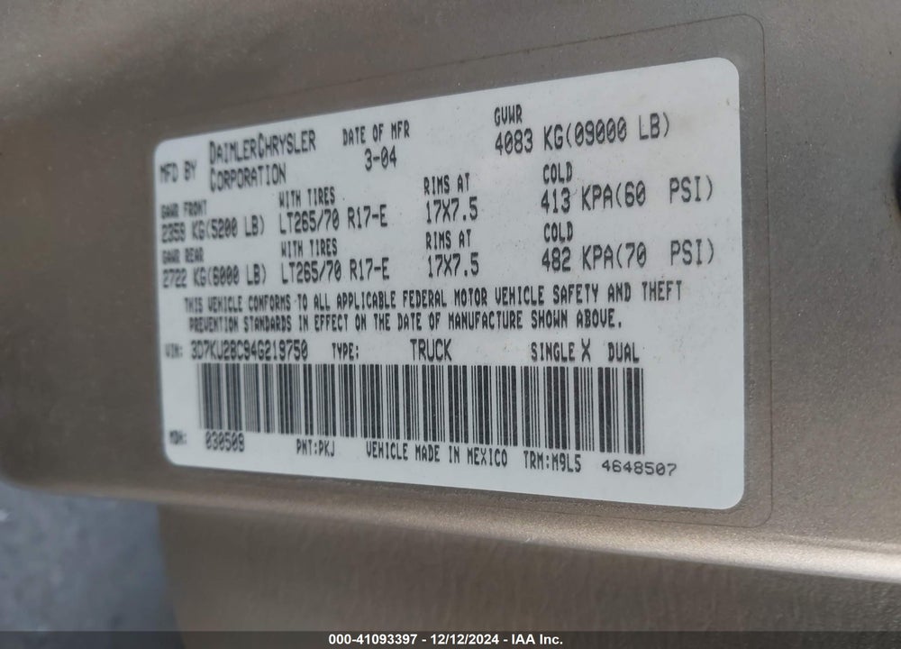 2004 DODGE RAM 2500 SLT/LARAMIE VIN: 3D7KU28C94G219750