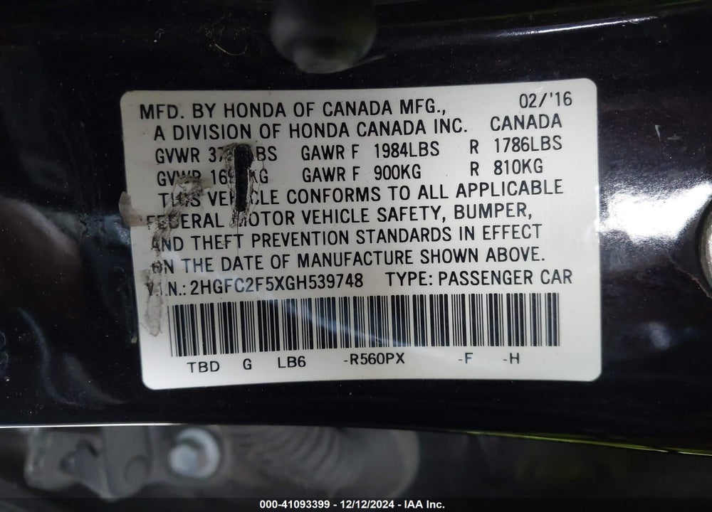 2016 HONDA CIVIC LX VIN: 2HGFC2F5XGH539748