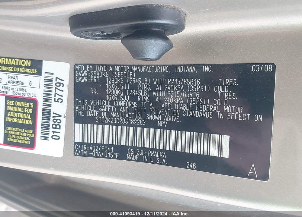 2008 TOYOTA SIENNA LE VIN: 5TDZK23C28S182263