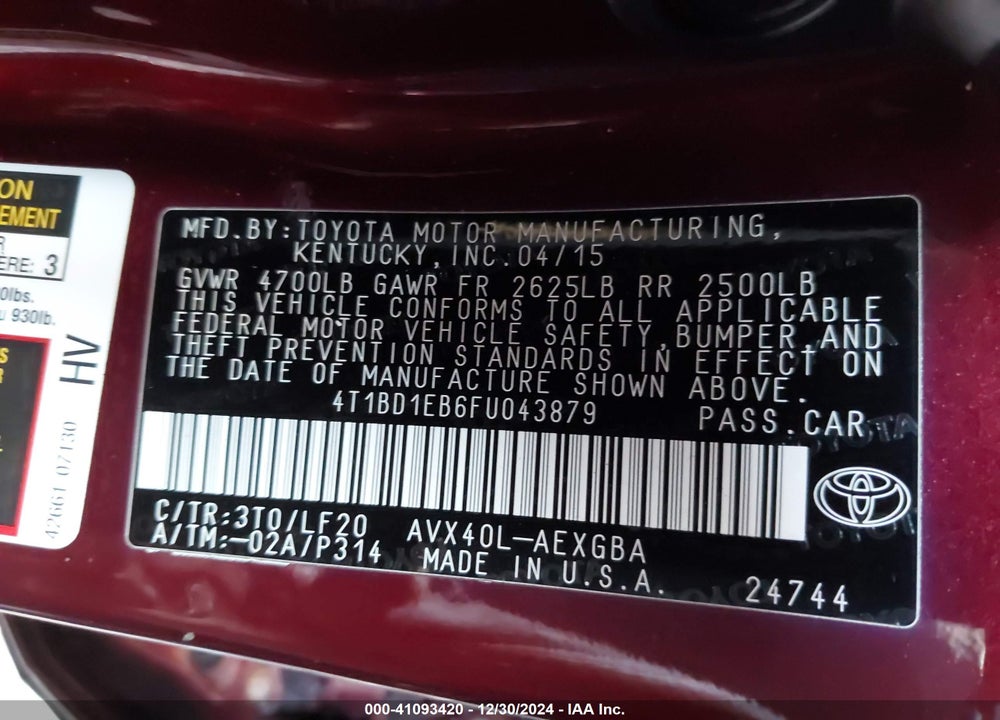 2015 TOYOTA AVALON HYBRID VIN: 4T1BD1EB6FU043879