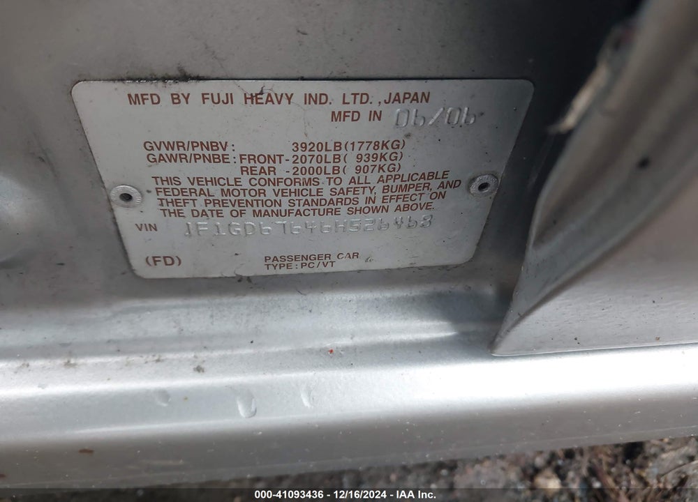 2006 SUBARU IMPREZA 2.5I VIN: JF1GD67646H526468