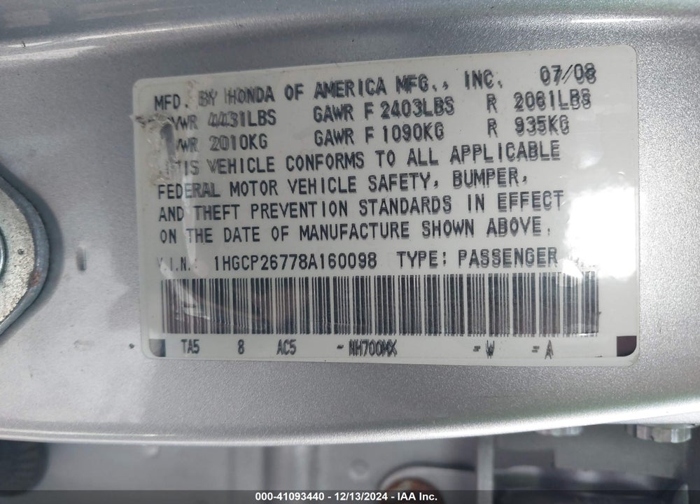 2008 HONDA ACCORD 2.4 EX VIN: 1HGCP26778A160098
