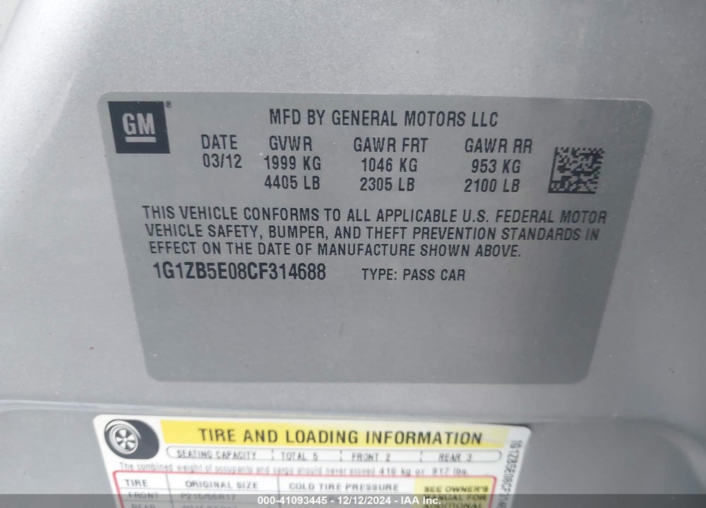 2012 CHEVROLET MALIBU VIN: 1G1ZB5E08CF314688