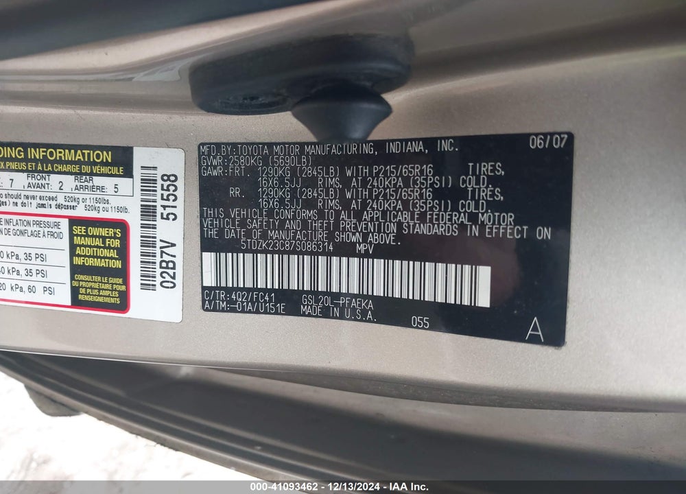 2007 TOYOTA SIENNA LE VIN: 5TDZK23C87S086314