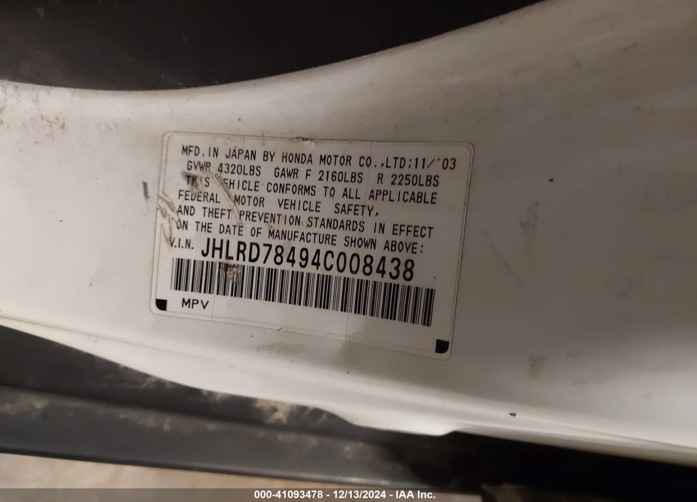 2004 HONDA CR-V LX VIN: JHLRD78494C008438