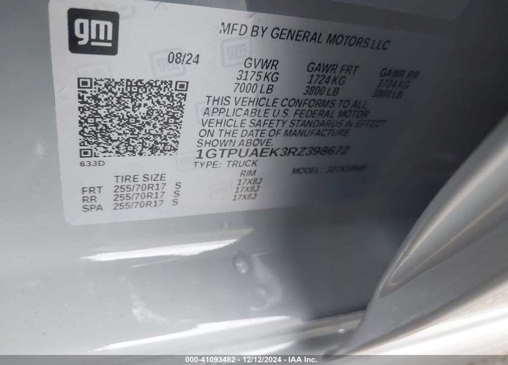 2024 GMC SIERRA 1500 4WD SHORT BOX PRO VIN: 1GTPUAEK3RZ398672