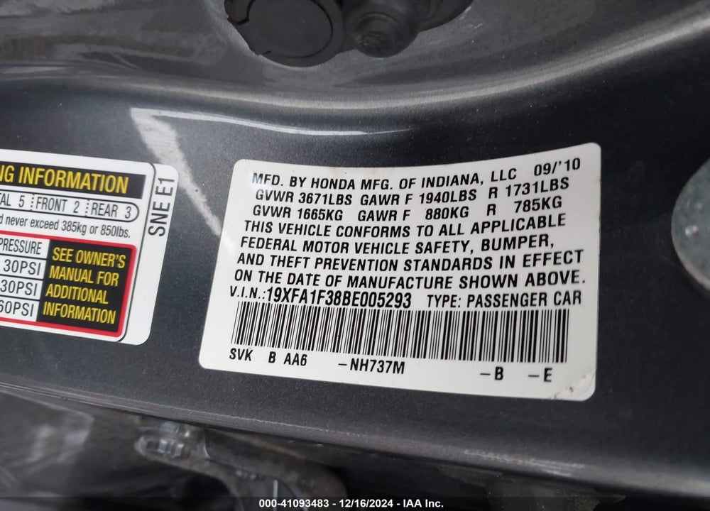 2011 HONDA CIVIC VP VIN: 19XFA1F38BE005293