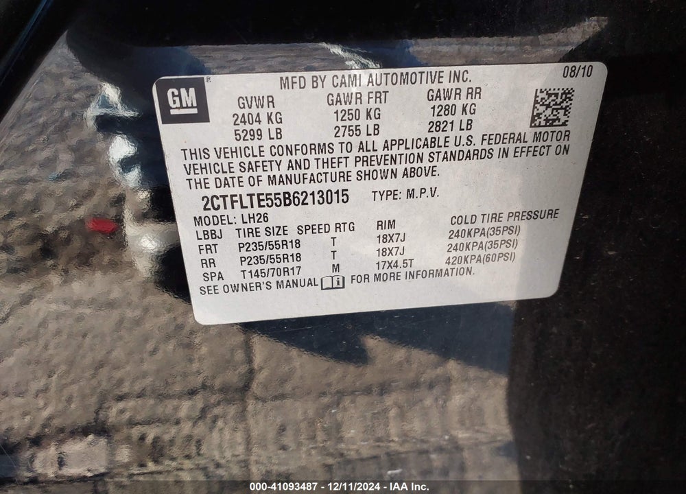 2011 GMC TERRAIN SLE-2 VIN: 2CTFLTE55B6213015
