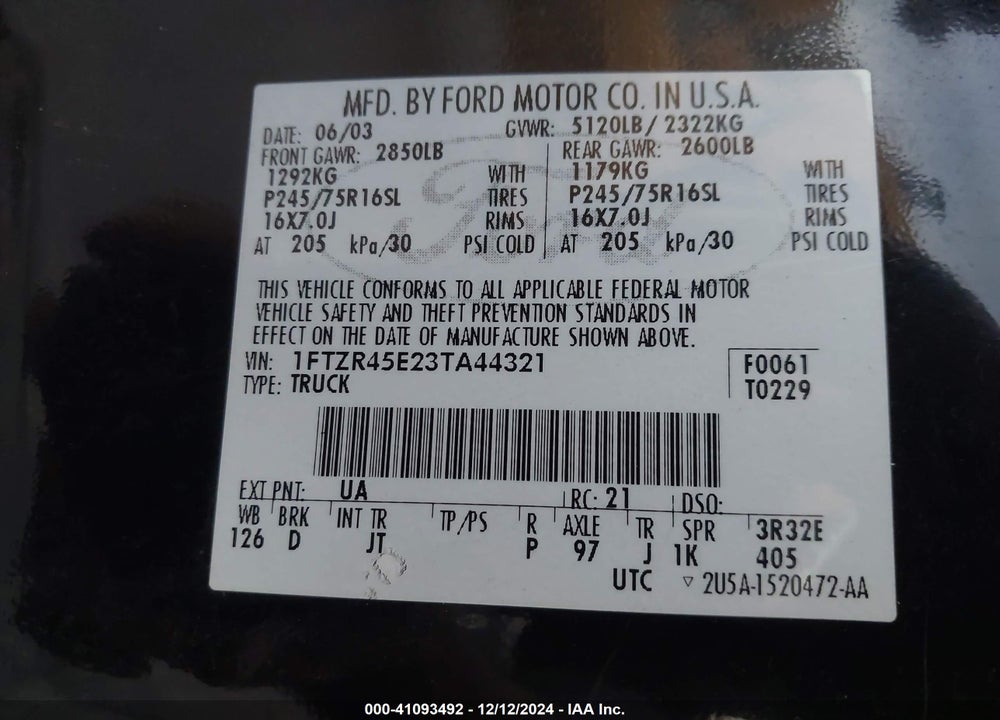 2003 FORD RANGER EDGE/XLT/XLT FX4 OFF-ROAD VIN: 1FTZR45E23TA44321