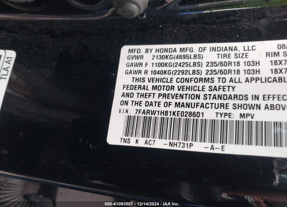 2019 HONDA CR-V EX-L VIN: 7FARW1H81KE028601
