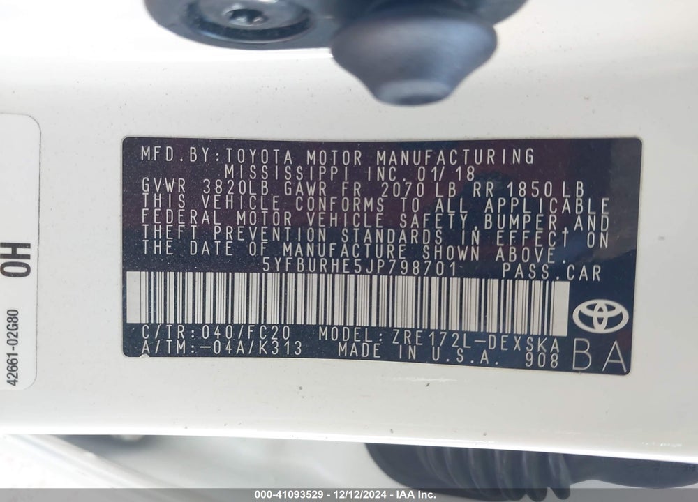 2018 TOYOTA COROLLA VIN: 5YFBURHE5JP798701