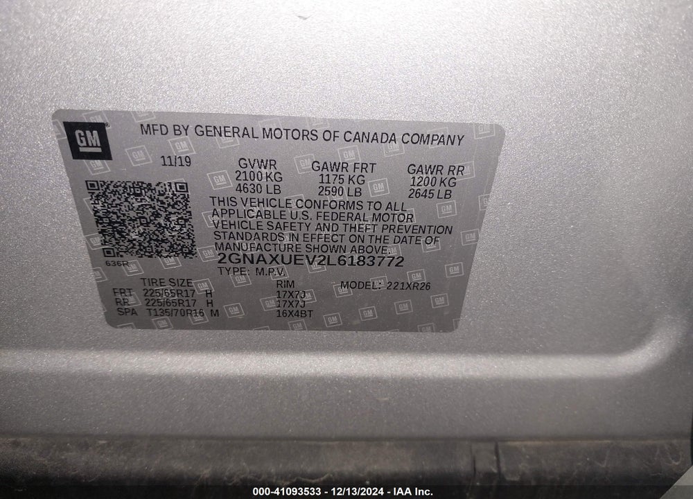 2020 CHEVROLET EQUINOX AWD LT 1.5L TURBO VIN: 2GNAXUEV2L6183772