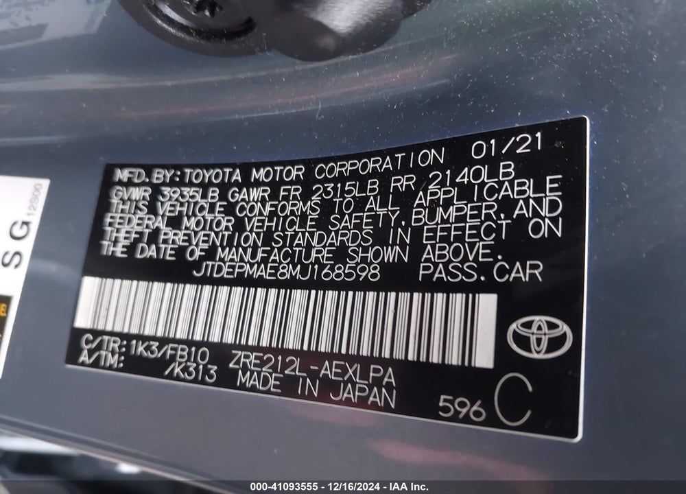 2021 TOYOTA COROLLA LE VIN: JTDEPMAE8MJ168598
